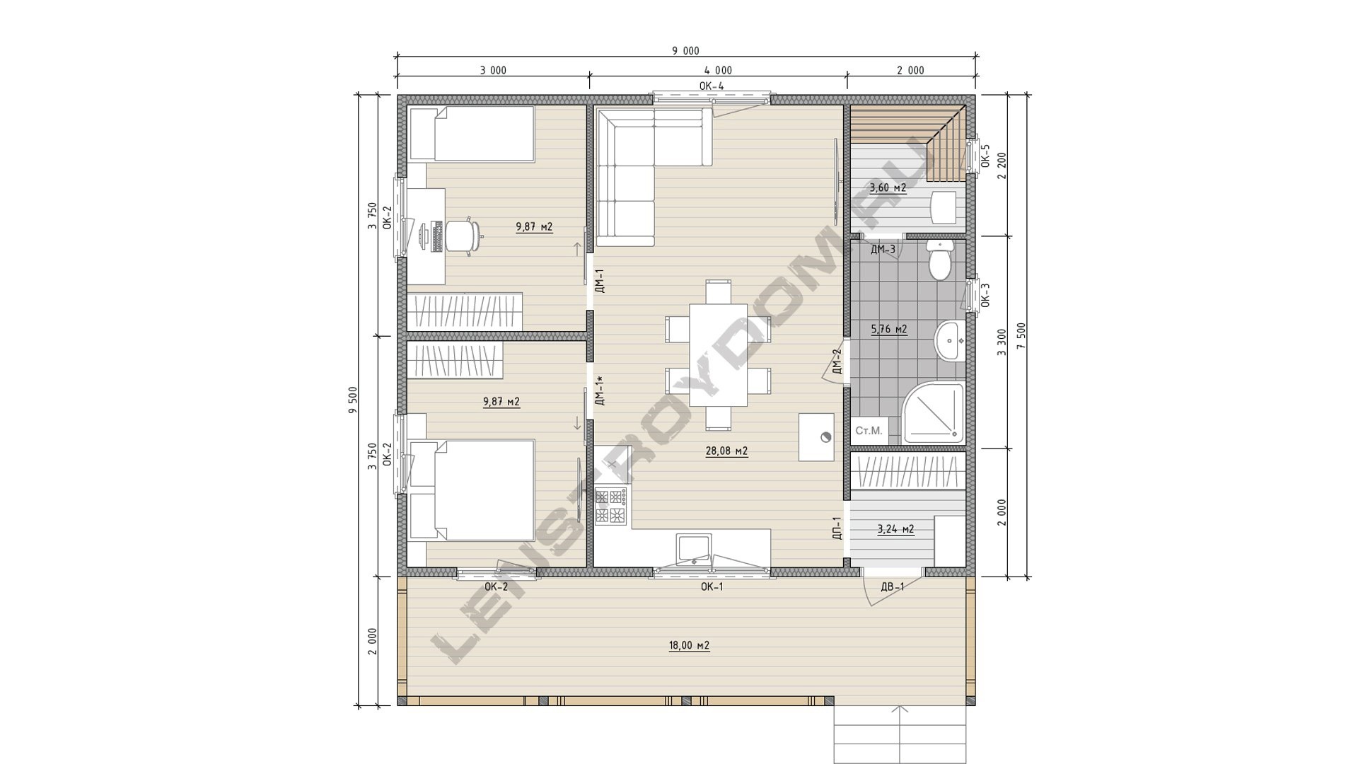 планировка каркасного дома 9х7.5 м 