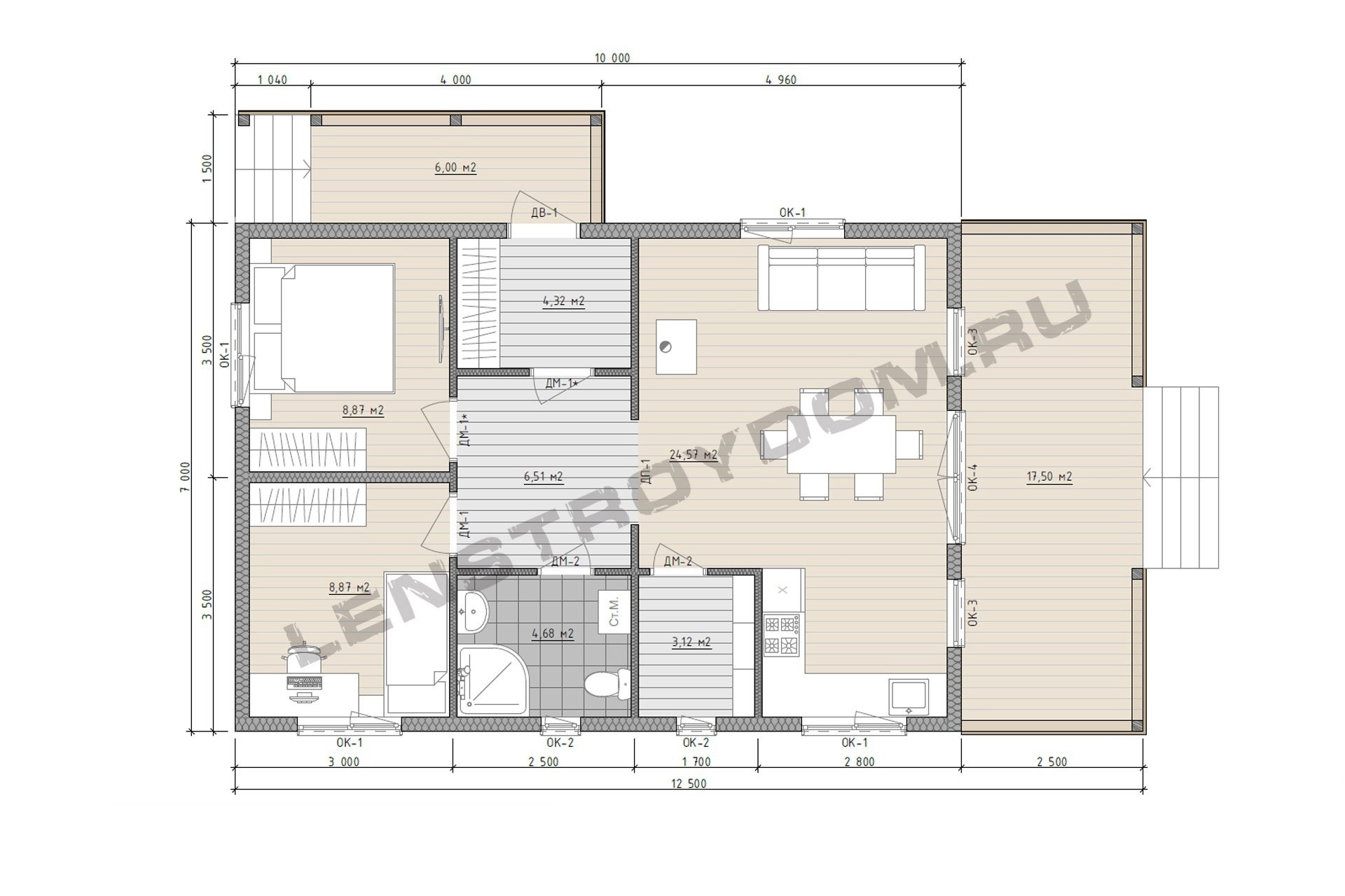 планировка каркасного дома 12,5х7 м