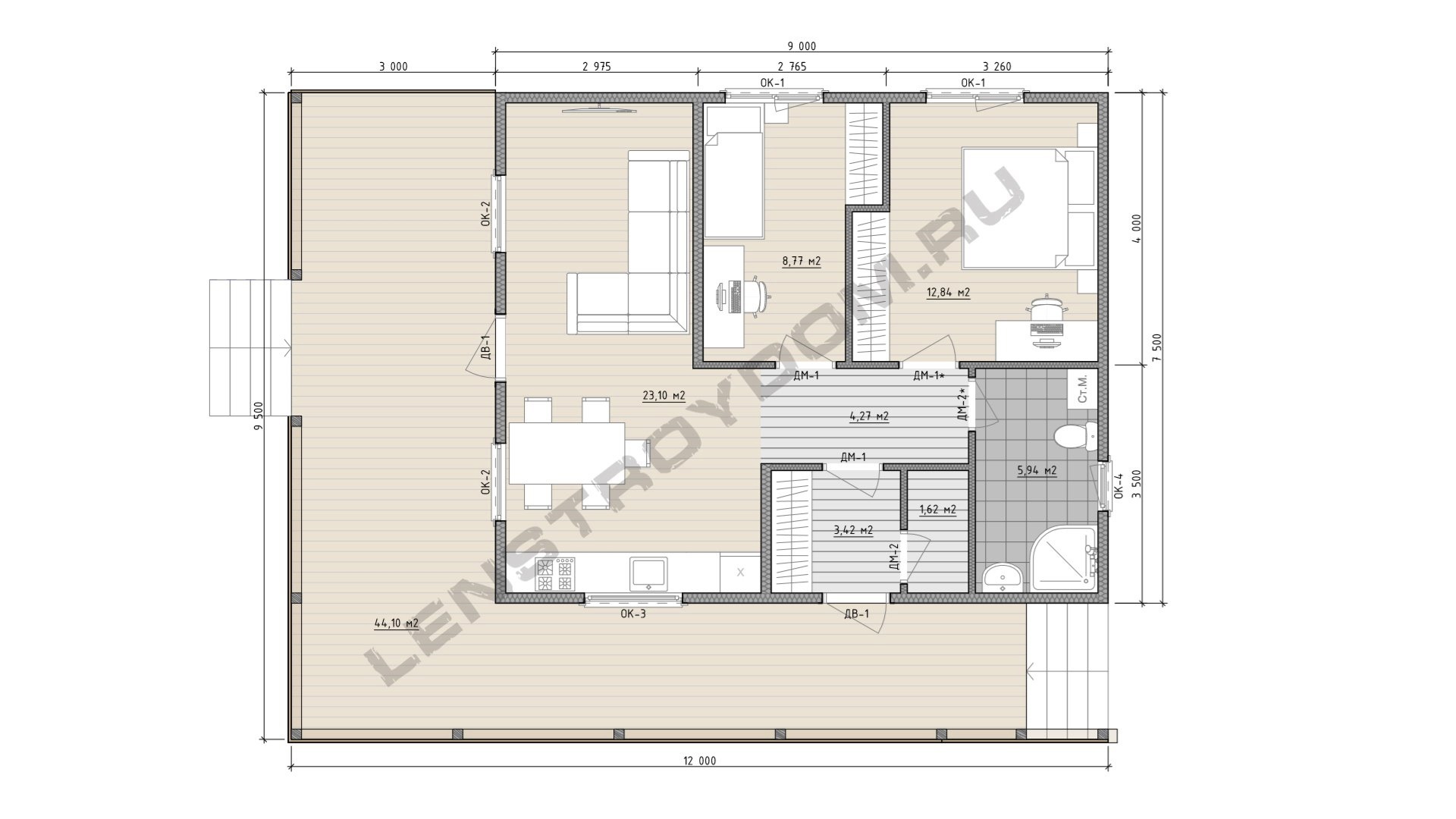 планировка каркасного дома 12х9.5 м