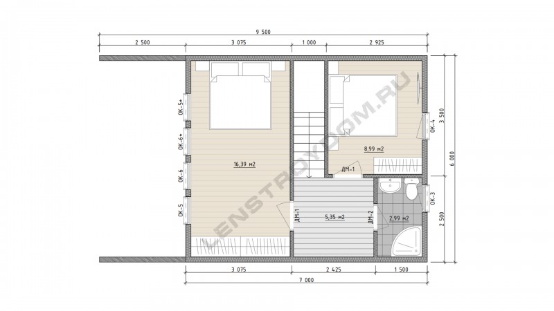 Планировка каркасного дома второй этаж 6х9,5 м
