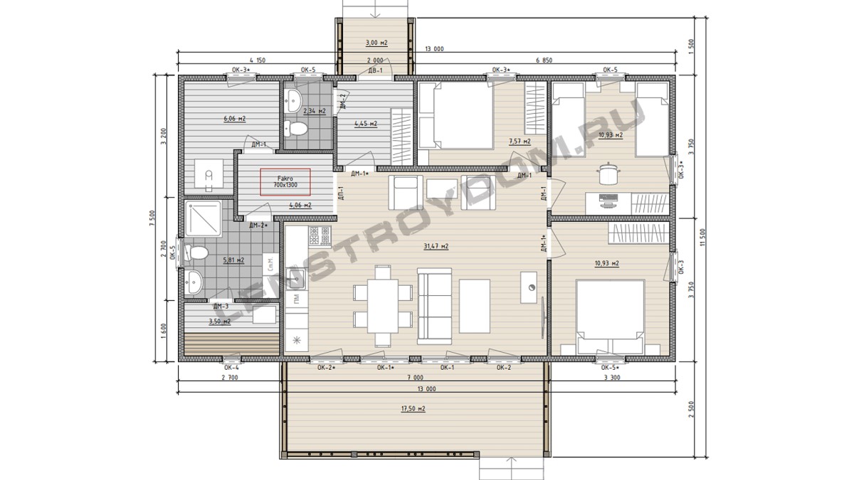 Планировка каркасного дома 13х7,5 м